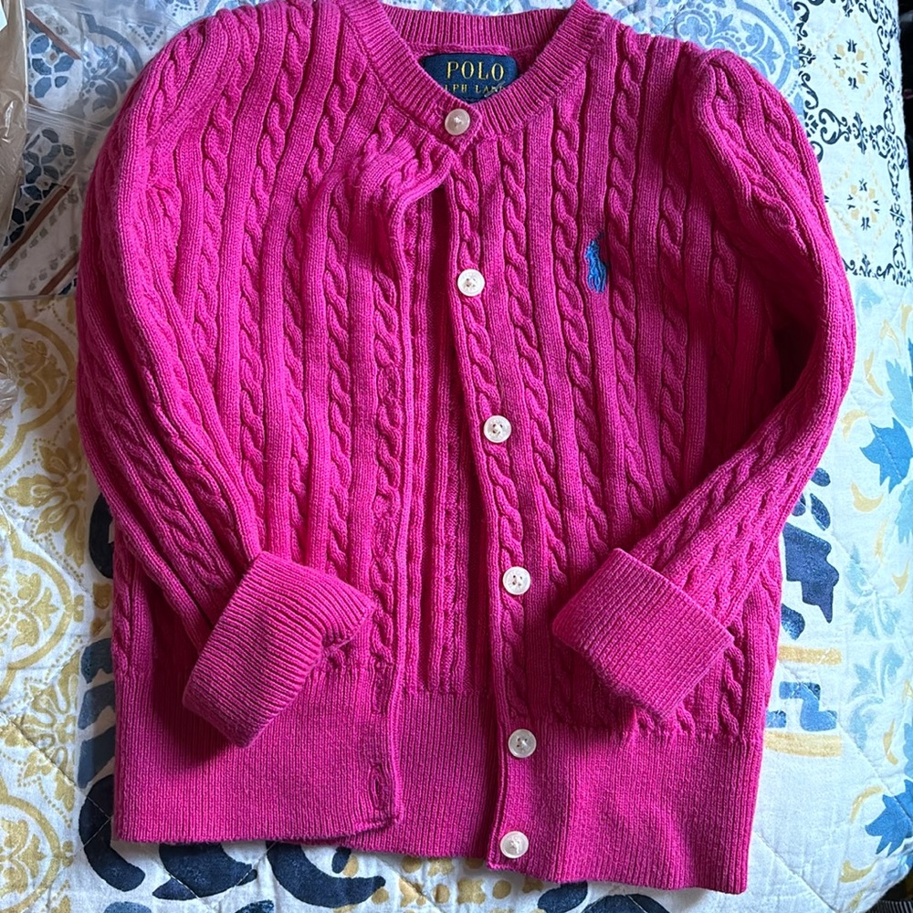 Ralph Lauren Polo Cardigan Cable Knit cotton Sz 2/2T Pink blue horse - Picture 2 of 12